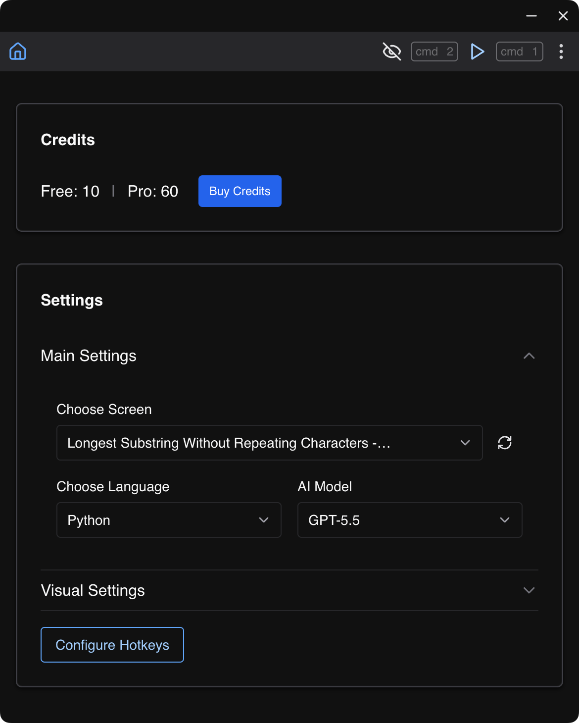 Home screen with a source, programming language, and AI model selected
